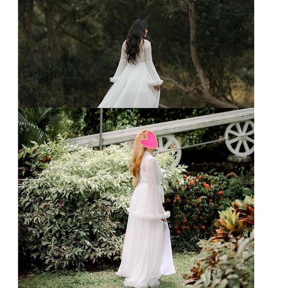 White Mesh Robe Belted, Trumpet Sleeve, Long and Sheer, Ruffle Detail - Picture 12 of 12